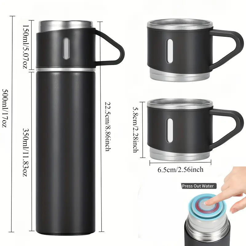 Steel Vacuum Flask Set with Bottle and 3 Cups Insulated Mug, Vacuum Insulated Travel Flask and Cup (Multicolor)