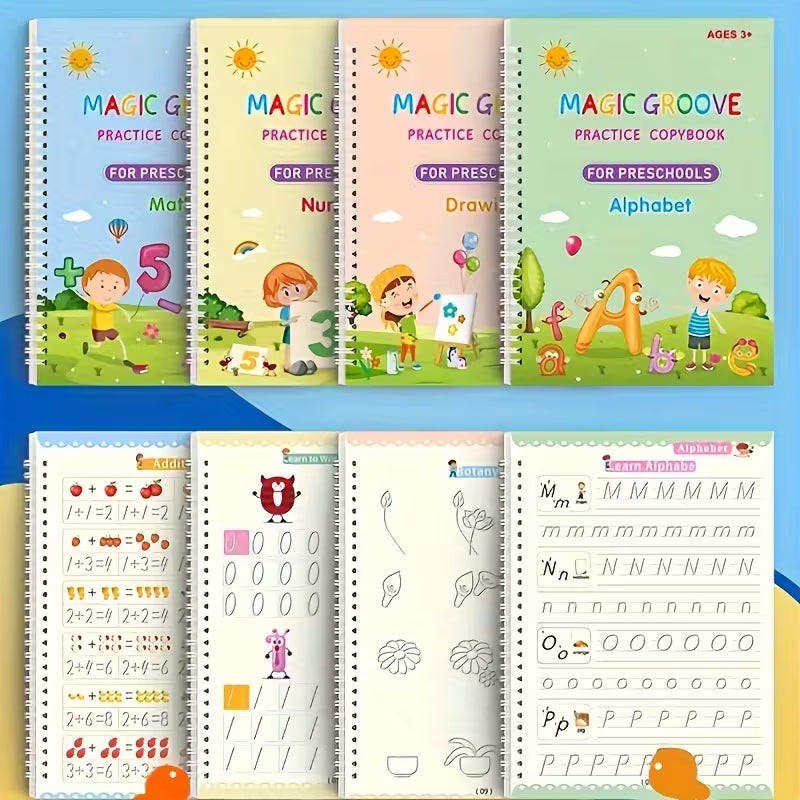 Sank Magic Practice Copybook (4 Books + Magic Pen & 10 Ink Refills) Sank Magic Book for Montessori Children Tracing Handwriting First