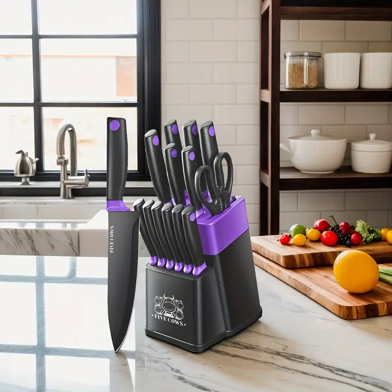1 kitchan utensil set high hardness stainless steel knife set self garinding system non slip safety handle dishwasher friendly