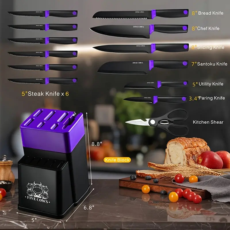 1 kitchan utensil set high hardness stainless steel knife set self garinding system non slip safety handle dishwasher friendly