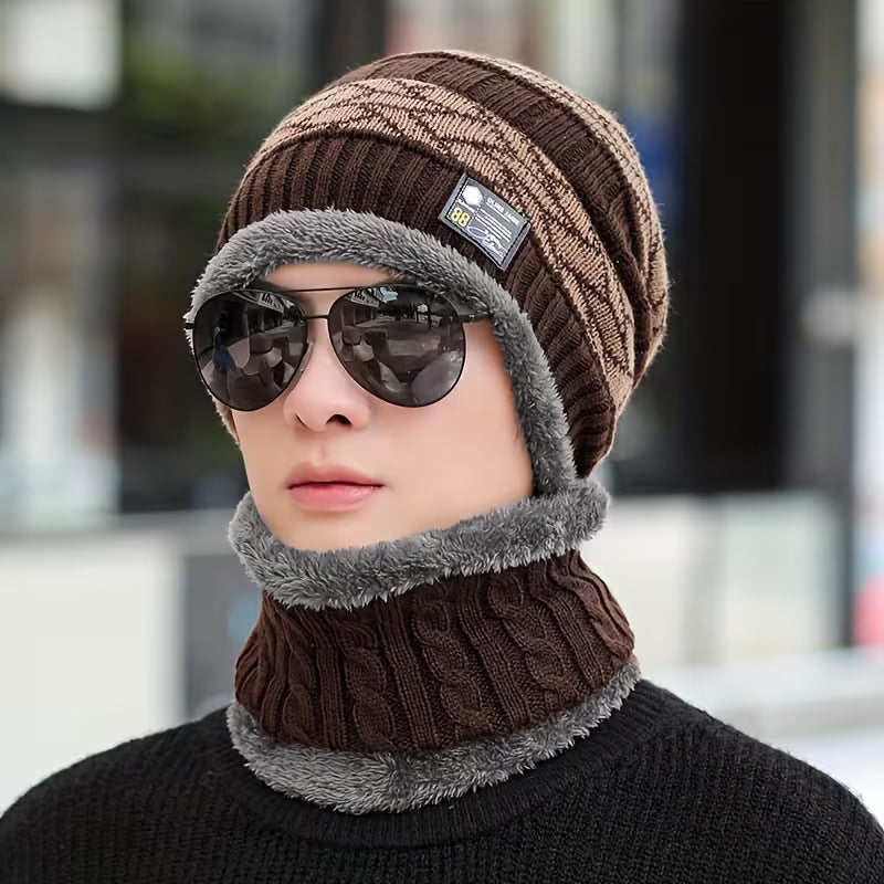 Men's 2pcs Winter Hat & Neck Warmer Set - Thickened, 4 Colors (Black/White/Grey/Brown), Convertible Collar for & Outdoor Cold Weather, Machine Washable - Christmas/Halloween/Thanksgiving