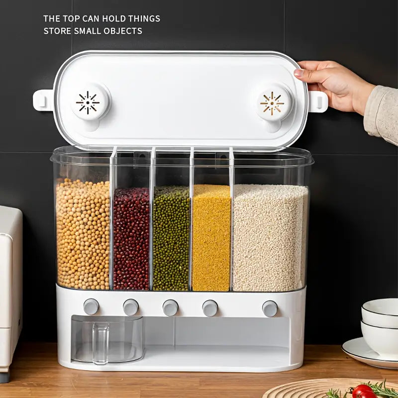 Upgraded 5-Compartment Sealed Kitchen Storage Container – Square Plastic Grain and Dry Goods Organizer, Suitable for Rice, Beans, Pasta &
