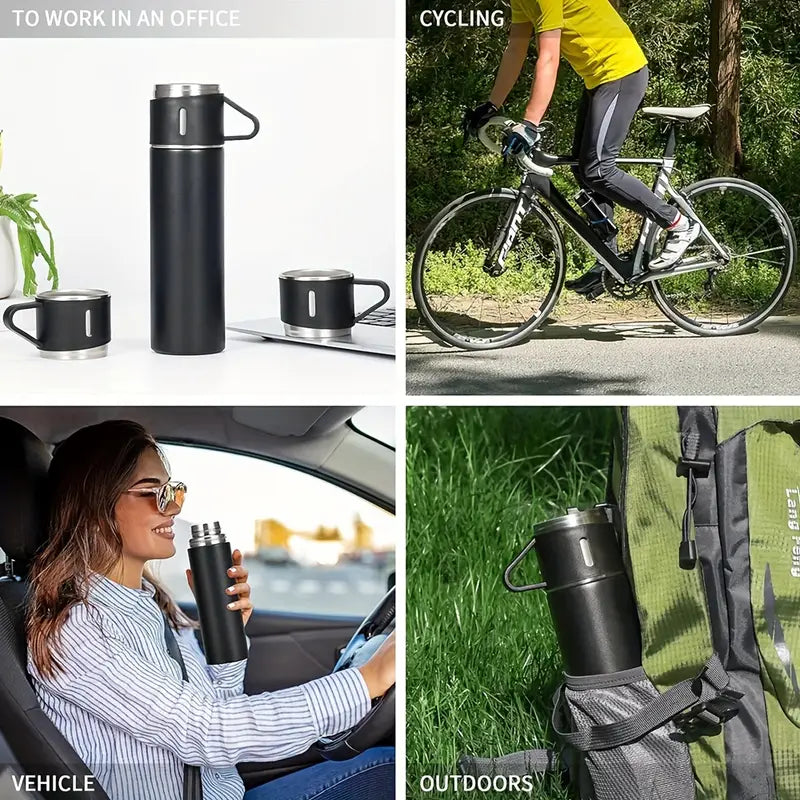 Steel Vacuum Flask Set with Bottle and 3 Cups Insulated Mug, Vacuum Insulated Travel Flask and Cup (Multicolor)