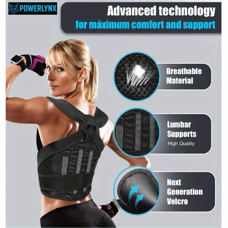 Unisex Black Adjustable Posture Corrector Back Brace - Neopren & Polyester,