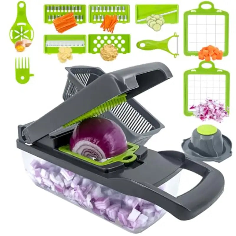 7-Blade/8-in-1 Vegetable Chopper Set with Colander Basket & Egg Strainer - Heavy-Duty Processor, Semi- Lid & Non-Slip Base,