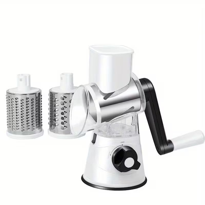 Rotary Cheese Grater and Vegetable Slicer - Kitchen Mandoline with 3 Interchangeable Blades, Easy-to-Clean for Fruits, Potatoes, Carrots, Nuts