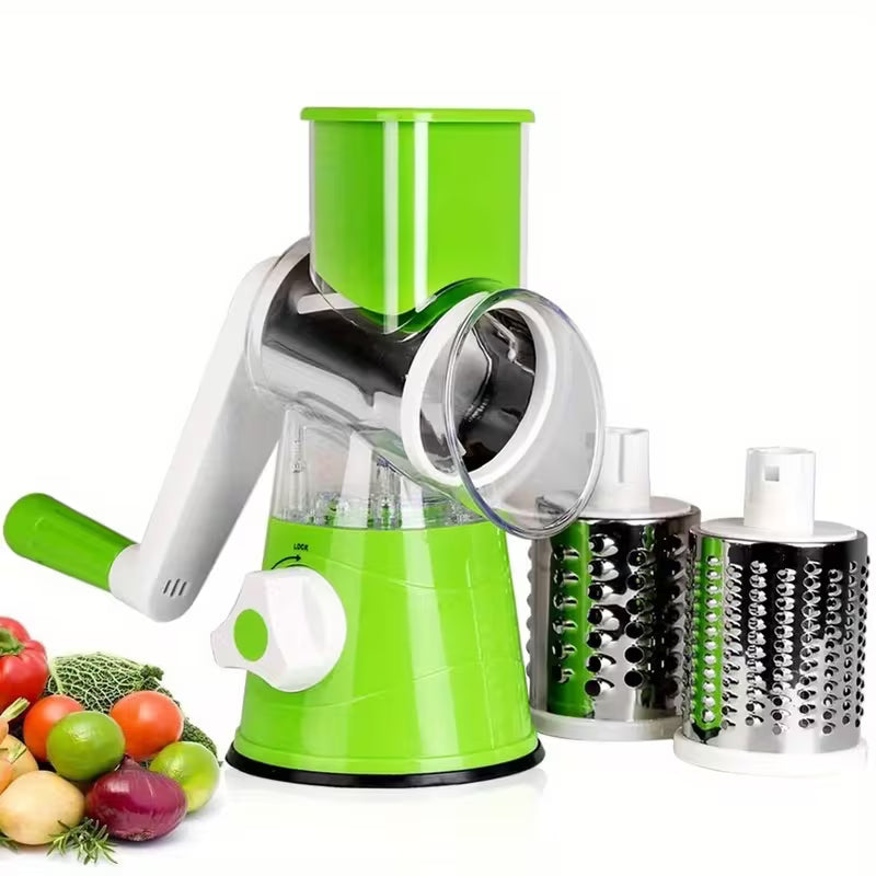Rotary Cheese Grater and Vegetable Slicer - Kitchen Mandoline with 3 Interchangeable Blades, Easy-to-Clean for Fruits, Potatoes, Carrots, Nuts