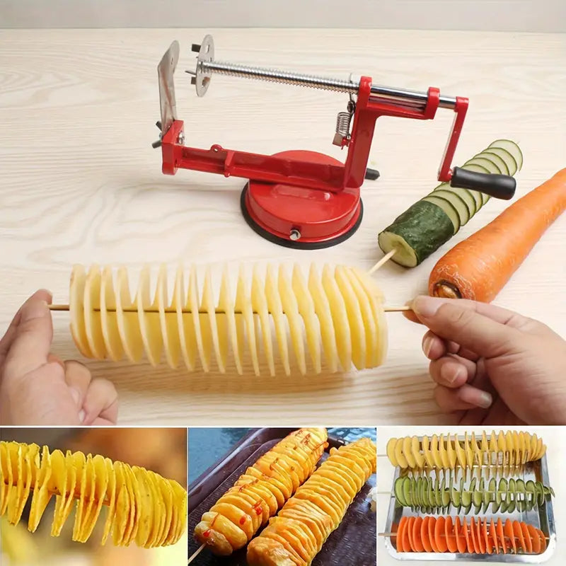 Amazing manual red stainless steel twisted potato apple slicer spiral french fry cutter cooking tools machine vegetable spiraliz