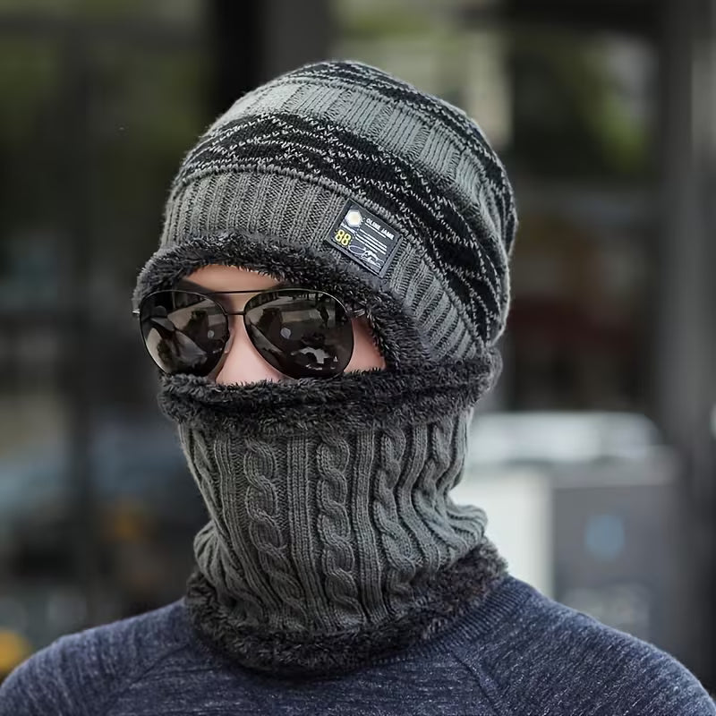 Men's 2pcs Winter Hat & Neck Warmer Set - Thickened, 4 Colors (Black/White/Grey/Brown), Convertible Collar for & Outdoor Cold Weather, Machine Washable - Christmas/Halloween/Thanksgiving