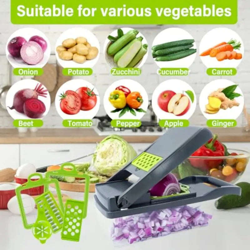 7-Blade/8-in-1 Vegetable Chopper Set with Colander Basket & Egg Strainer - Heavy-Duty Processor, Semi- Lid & Non-Slip Base,
