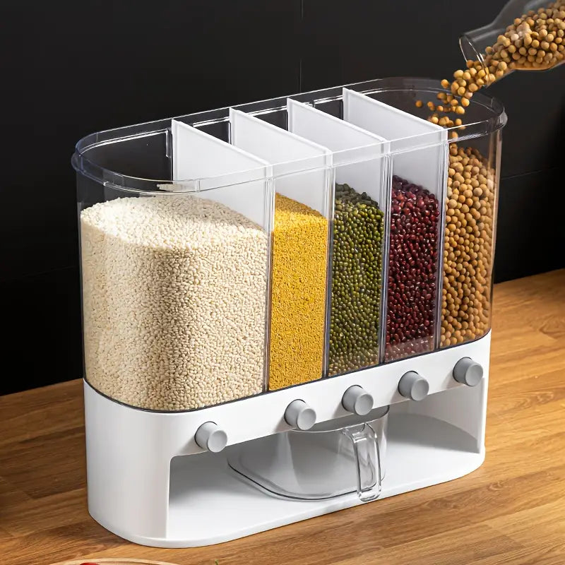 Upgraded 5-Compartment Sealed Kitchen Storage Container – Square Plastic Grain and Dry Goods Organizer, Suitable for Rice, Beans, Pasta &