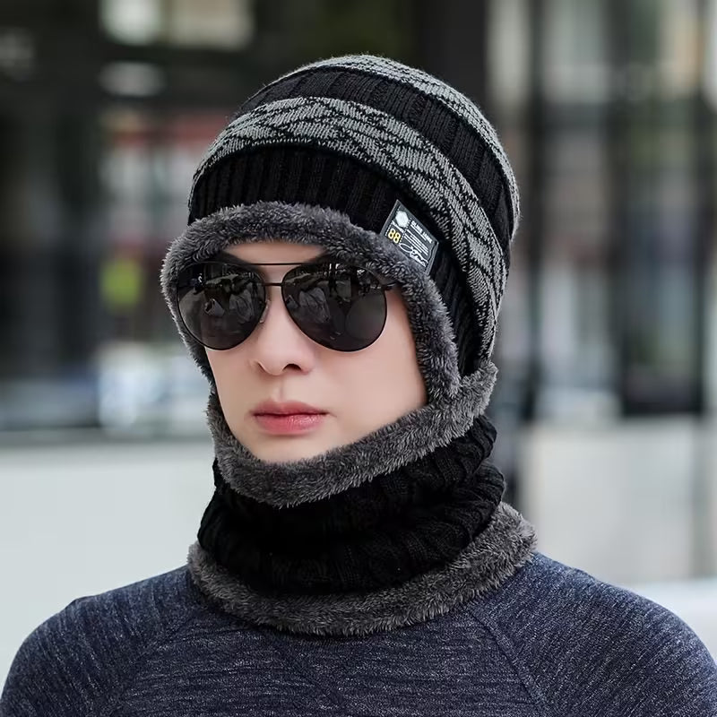 Men's 2pcs Winter Hat & Neck Warmer Set - Thickened, 4 Colors (Black/White/Grey/Brown), Convertible Collar for & Outdoor Cold Weather, Machine Washable - Christmas/Halloween/Thanksgiving