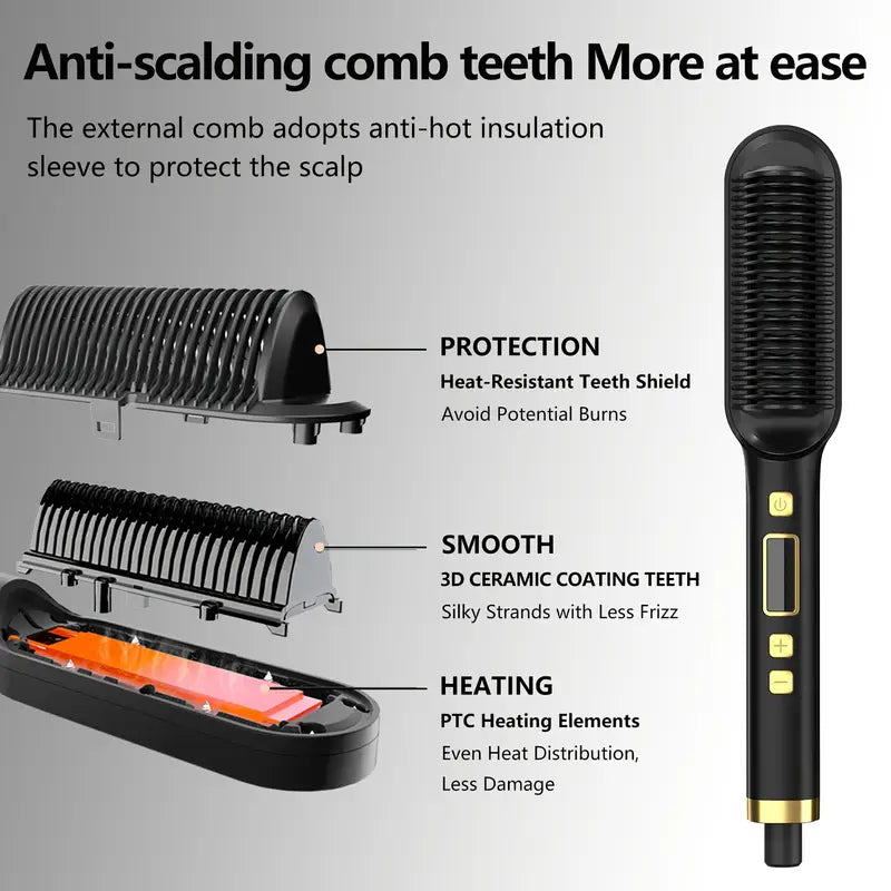 Hair Straightener Brush with Fast, Frizz Reduction & Multiple Temperature Settings, LED Display, Anti-Scald